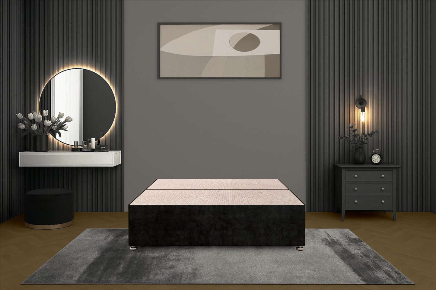 Bed Centre Flexby Divan Bed Base Only with 2 Drawers (Same Side), No Headboard - Available in 3FT, 4FT, 5FT & 6FT (3FT Single, Plush Black Fabric)