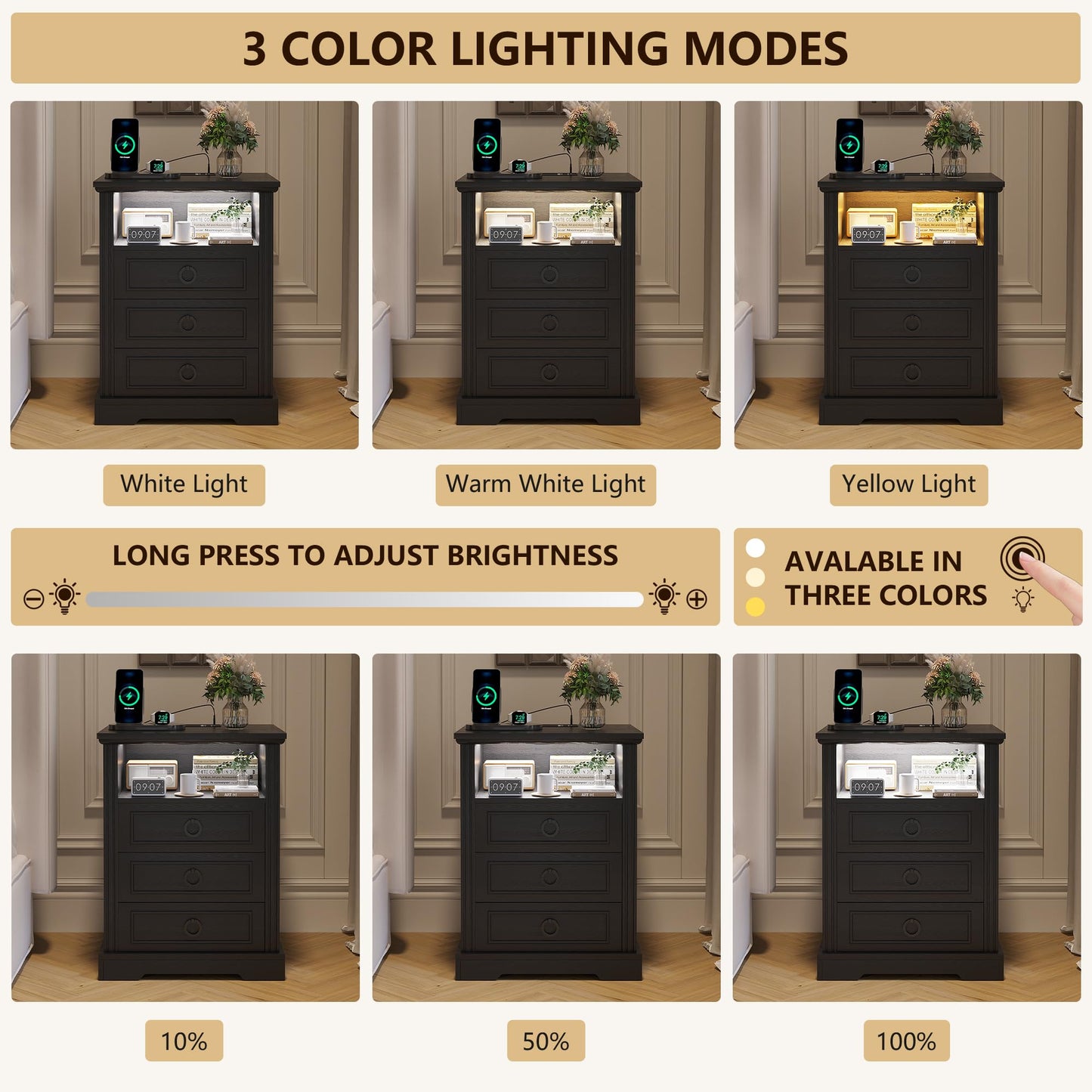 FREDEES LED Bedside Table with Charging Station, Black