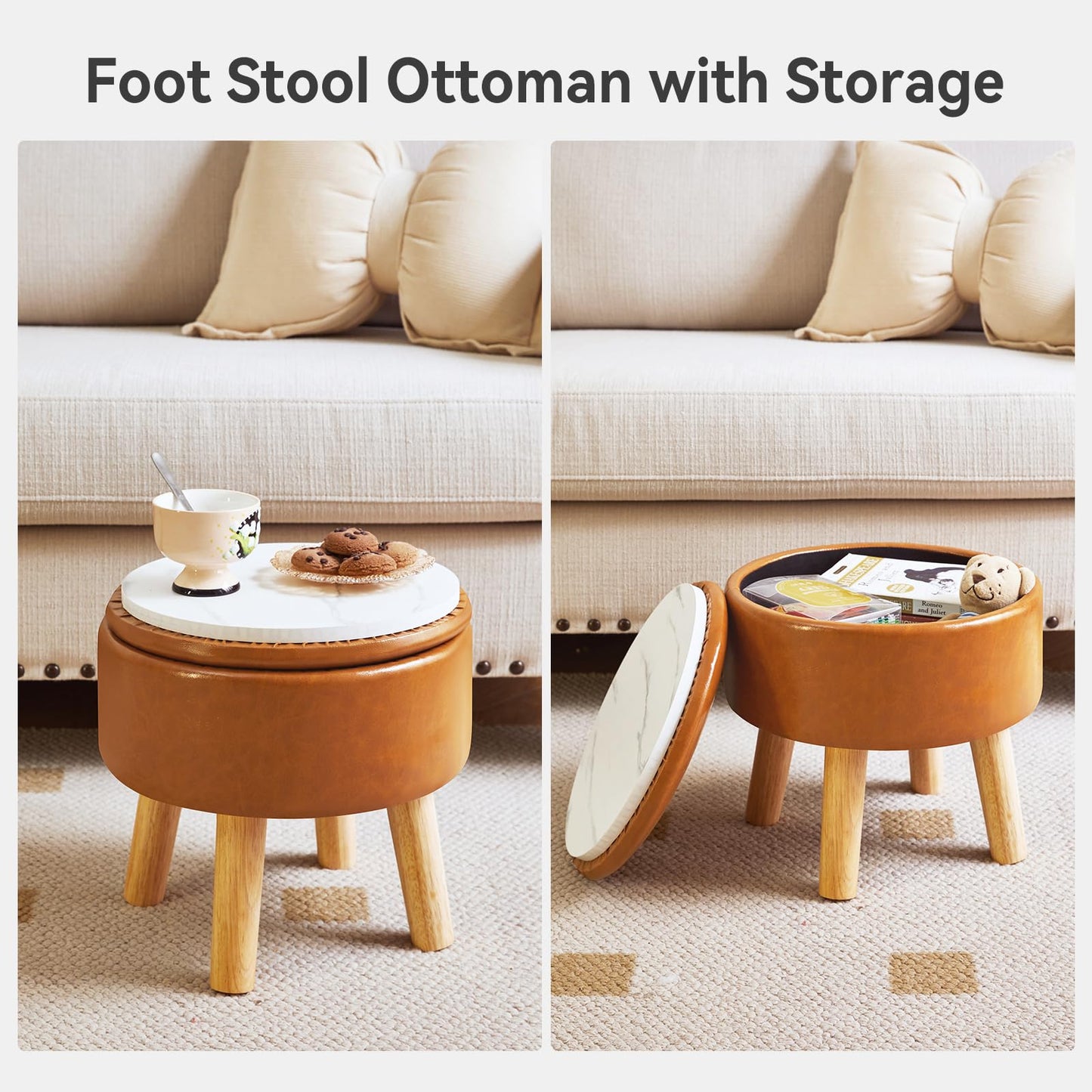 IBUYKE 13 Inch Small Footstool Ottoman with Storage, Round Pouffe Foot Rest with Padded Seat and Wood Legs