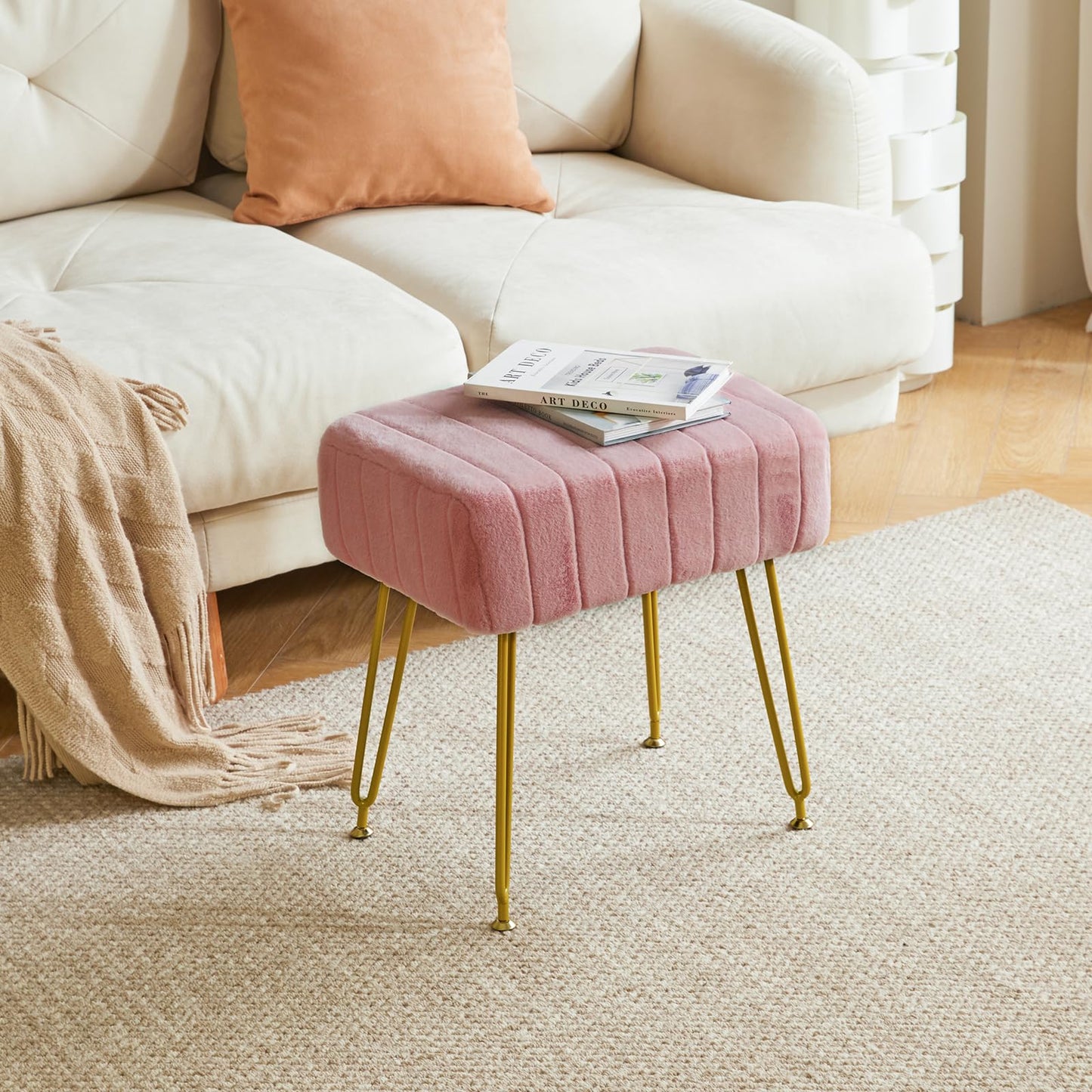 IBUYKE Makeup Vanity Stool, Velvet Rectangular Footrest, Pink L/G-51P