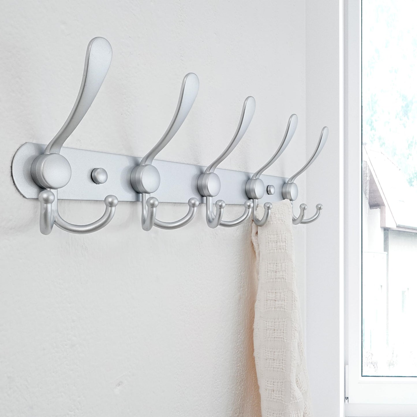 Dseap Coat Rack Wall Mounted - 5 Tri Hooks, Heavy Duty, Stainless Steel, Metal Coat Hook Rail for Coat Hat Towel Purse Robes Mudroom Bathroom
