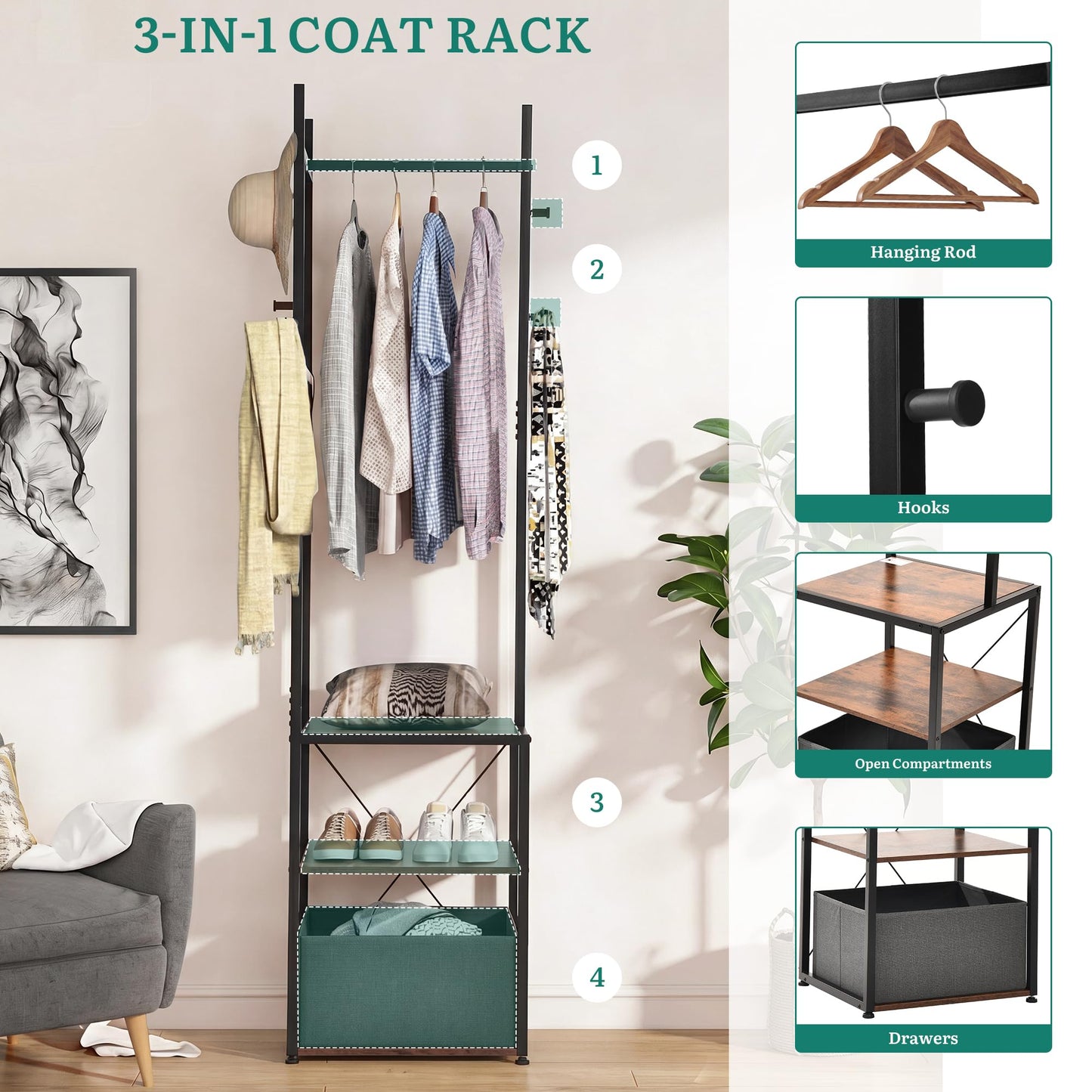 YITAHOME Coat Stand, Clothes Rack Hall Tree with Shelves & Hooks, Brown