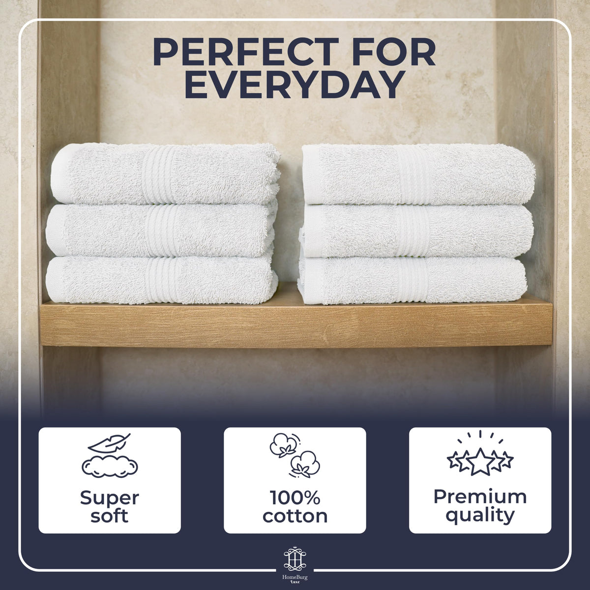 HomeBurg Luxe 6-Piece Towel Set – Soft & Absorbent Cotton, Hotel Quality, Quick-Drying, Easy Care, 40 x 70 cm, White