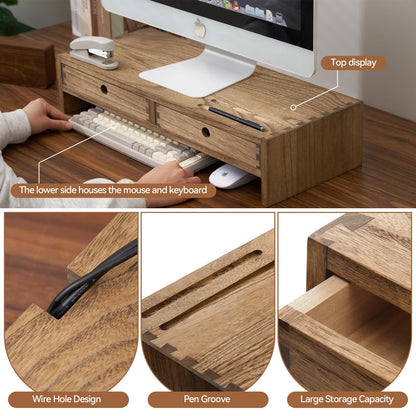 KIRIGEN Wood Monitor Stand with 2 Drawers Computer Arm Riser Desk Storage Organizer, TV Laptop Printer Stand,2-Tier Desktop Shelf Dark Brown