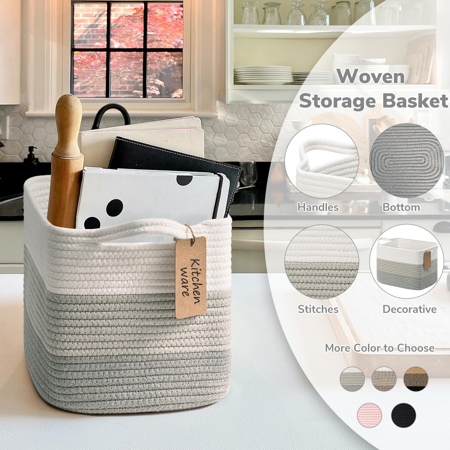 TIMEYARD Woven Storage Basket Cotton Rope Shelf Basket with Handles Grey