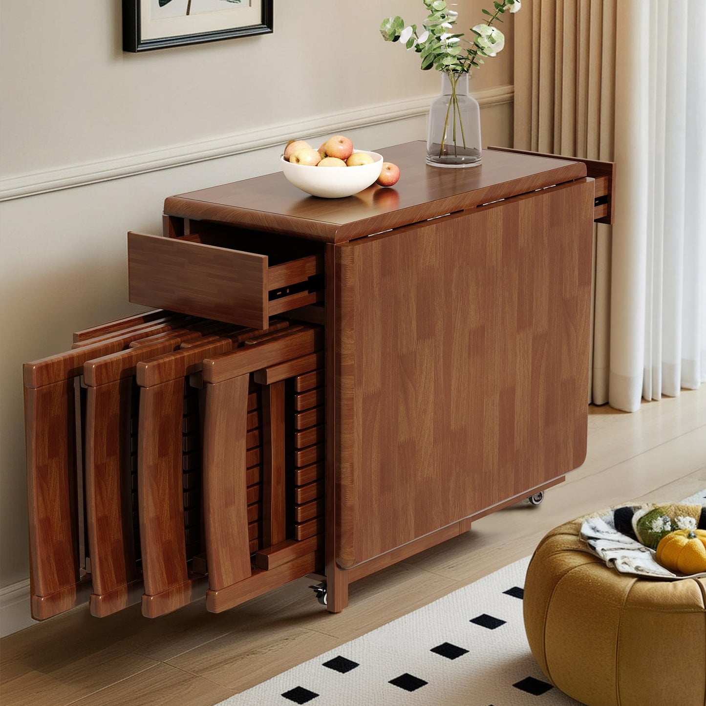 GildedGrove Walnut Foldable Dining Table Retro Design, Mobile on Casters with Storage Compartment, Space-Saving 1.3/1.5 Metre Long Table for Kitchen