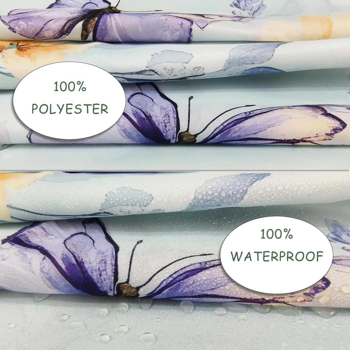 Butterfly Floral Shower Curtain 180x200cm Waterproof Mould Proof with Hooks