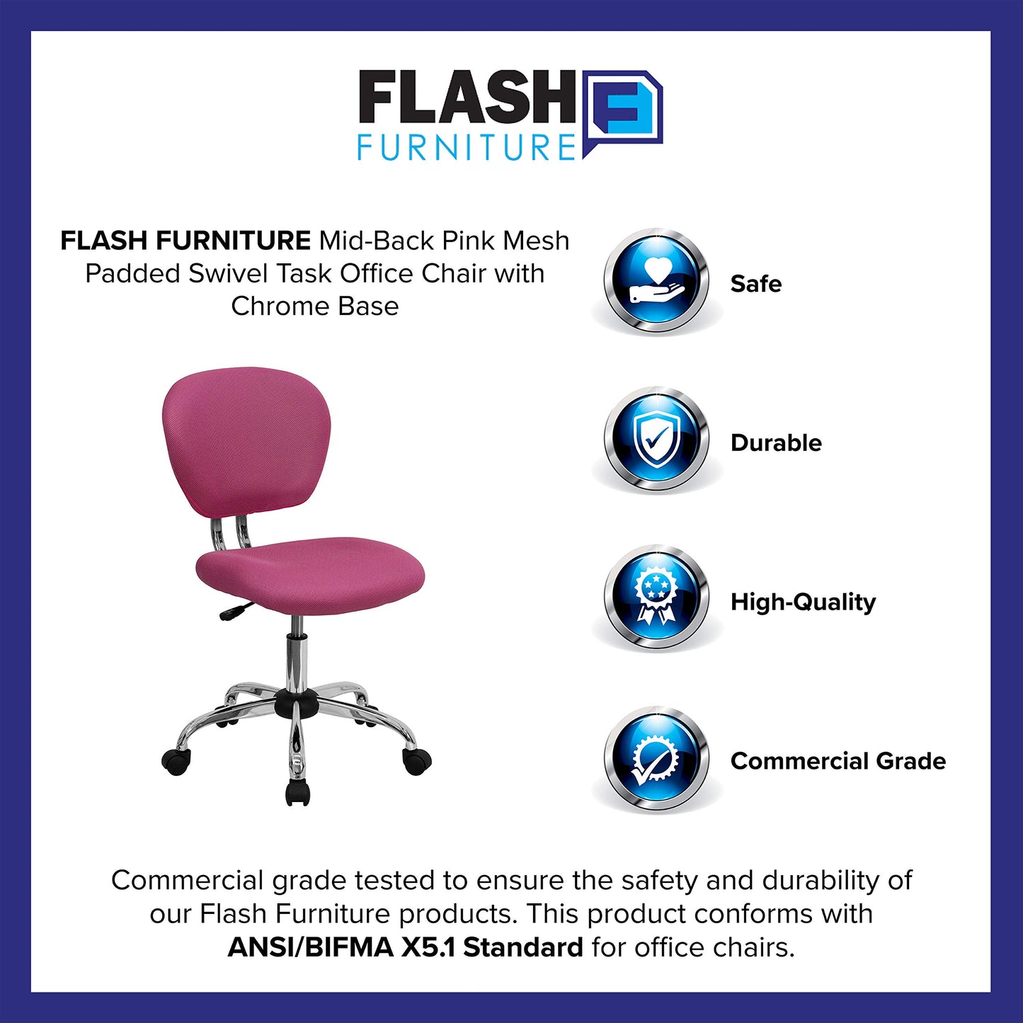 Flash Furniture Mid-Back Mesh Swivel Task Chair with Chrome Base, Metal, Pink, 58.42 x 55.88 x 25.4 cm