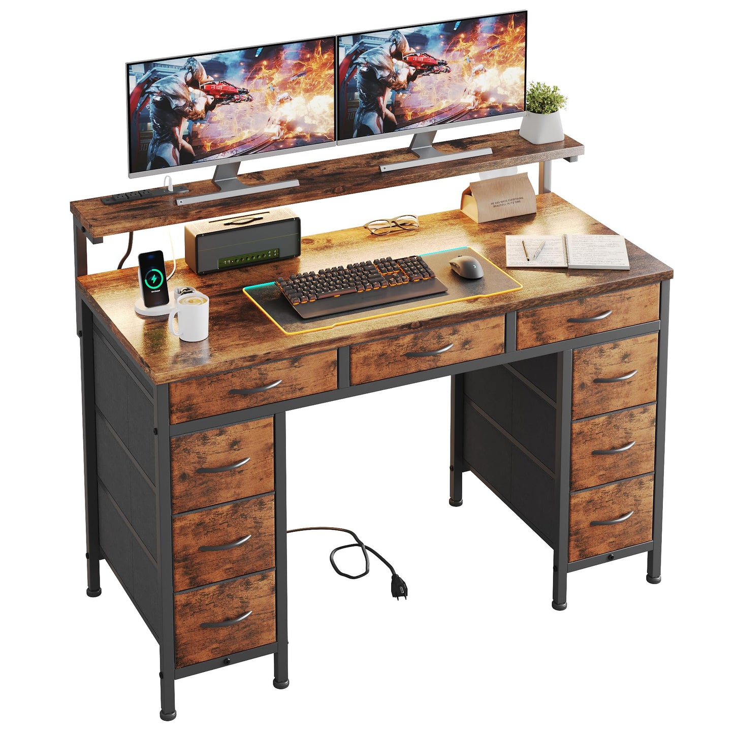 Flrrtenv Computer Desk with 9 Drawers & LED, 120cm Home Office Desk with Storage & Power Outlets USB Type-C