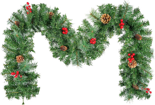 9FT/2.7m Christmas Garland, Uten Fireplace Garland Christmas, Green Christmas Garland with Pine Needles, Pine Cones Red Berries Artificial Wreath