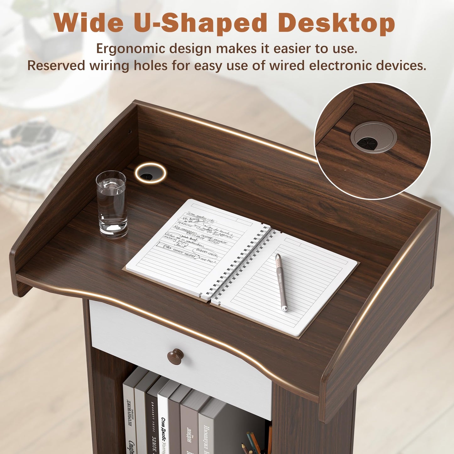 Suuiwau Podium Stand with Drawer, Storage Cabinet and Wheels