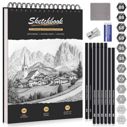 DazSpirit A4 Sketchbook, Hardcover Sketch Book with 200g/m? Thick Paper, 12 Sketch Pencils & Erasers, Spiral-Bound Sketch Pad, 50 Sheets/100 Pages