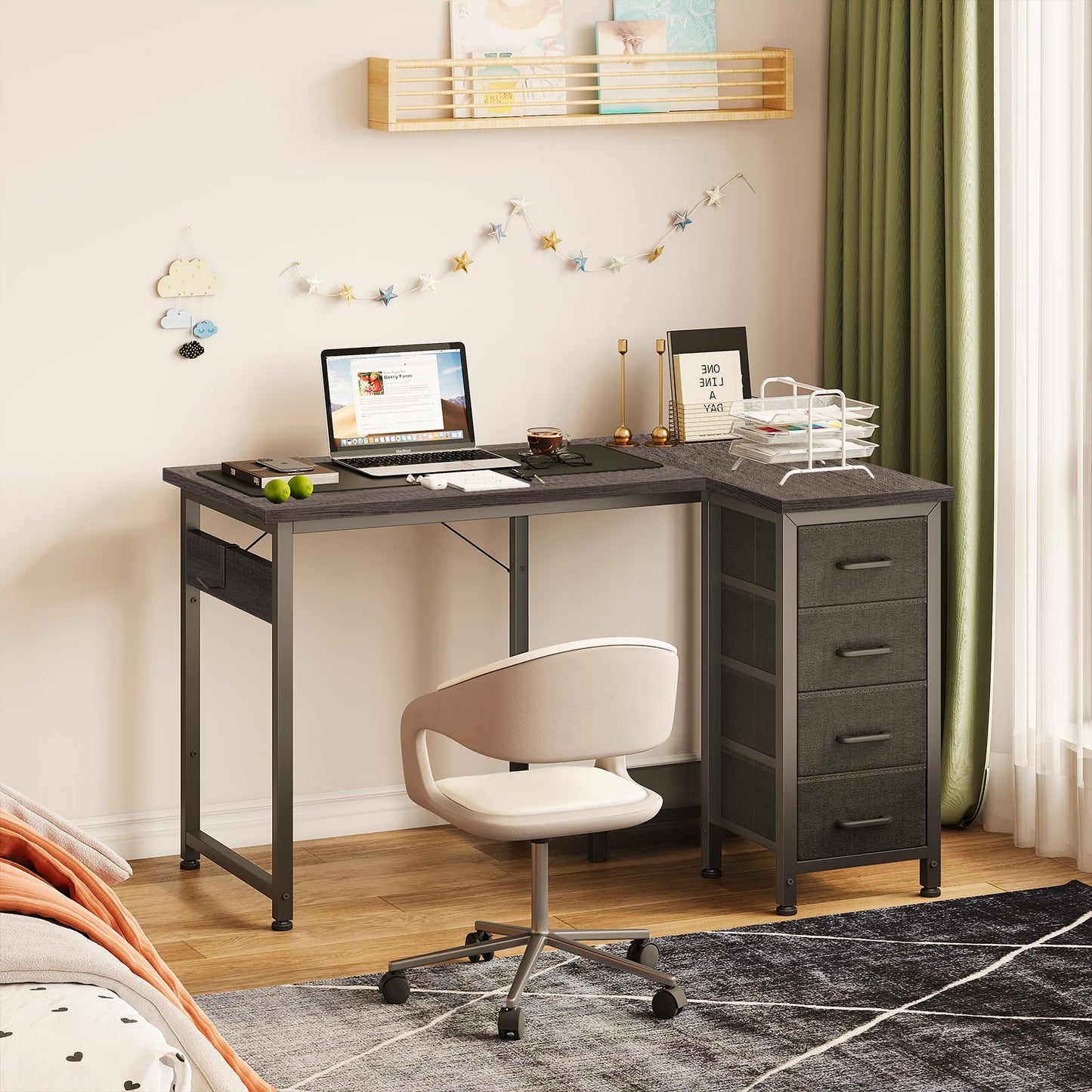 Coleshome Small Corner Desk with Drawers for Home Office, 100x70 cm, Grey