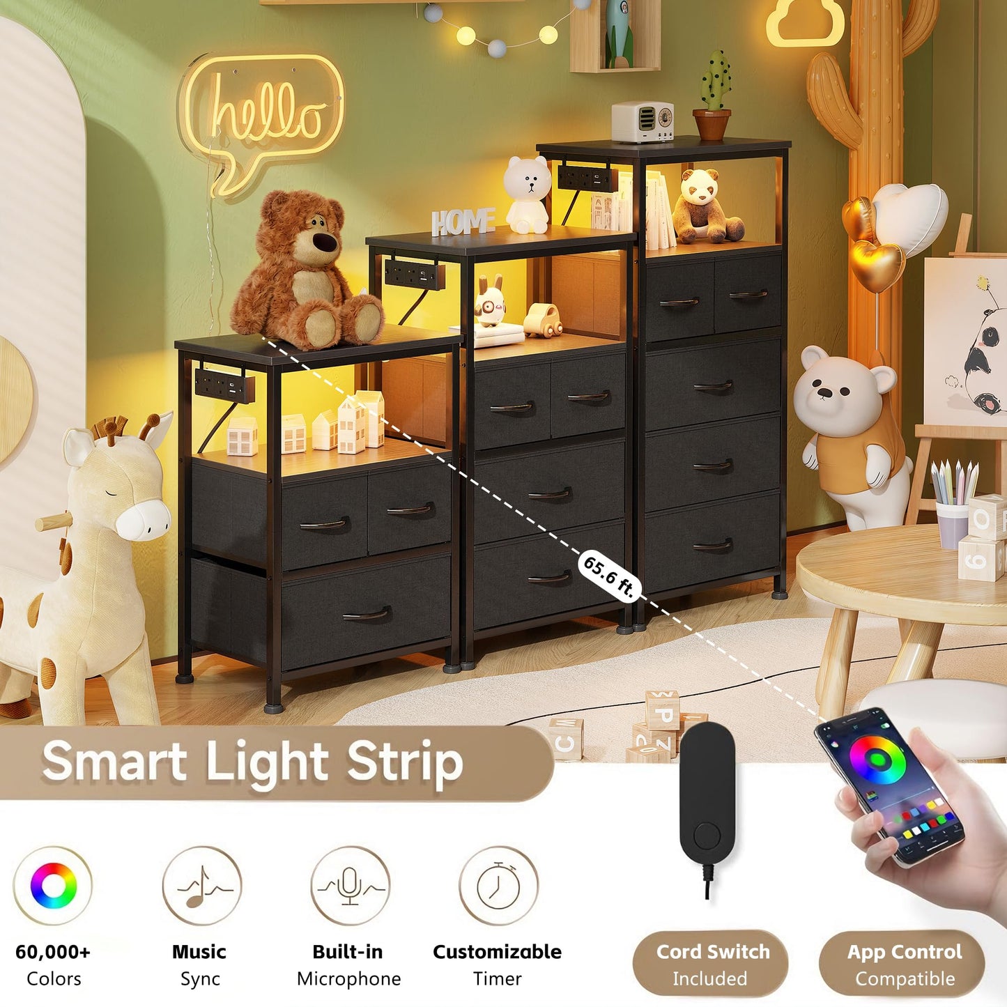 Flrrtenv Chest of Drawers, Bedside Table Cabinet with LED Light and Charging Station, Nightstand with 5 Fabric Drawers
