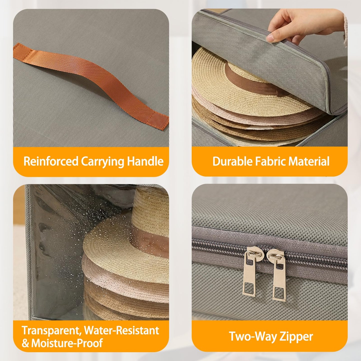 Underbed Storage Box with Zip Foldable Cowboy Hat Storage Boxes Grey
