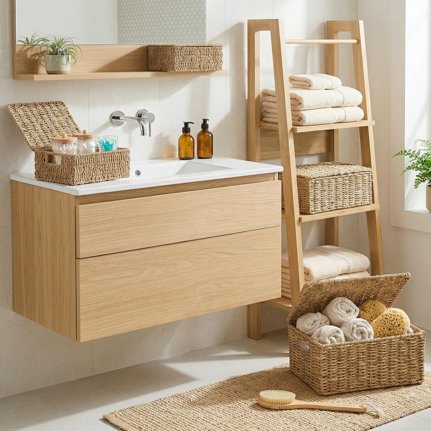 Woodluv Storage Boxes with Lids, Woven Natural Seagrass, Nesting Storage Baskets for Shelves, Gift Hamper Basket