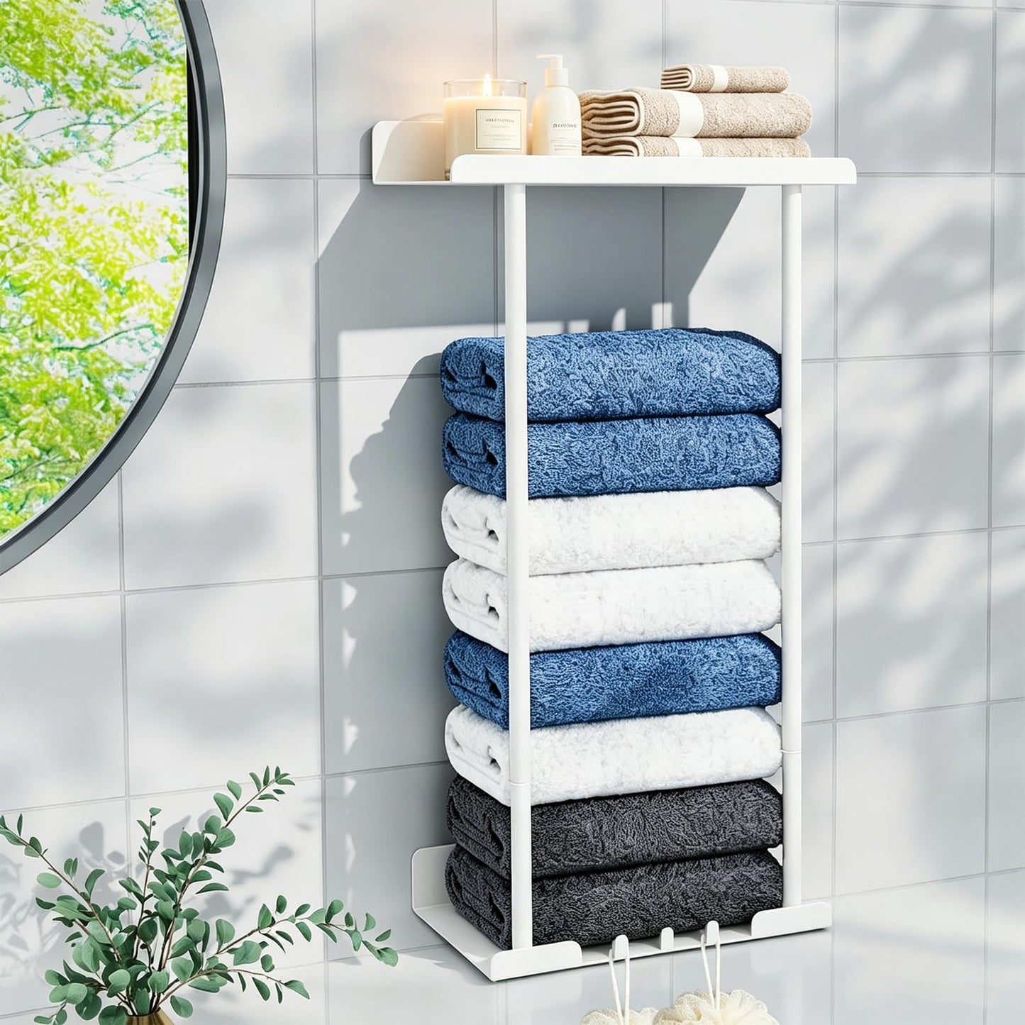 ULIKEUS Towel Rack Wall Mounted Towel Holder Storage with Shelf Hooks Towel Storage Self Adhesive Adjustable Bathroom Towel Holder Rail