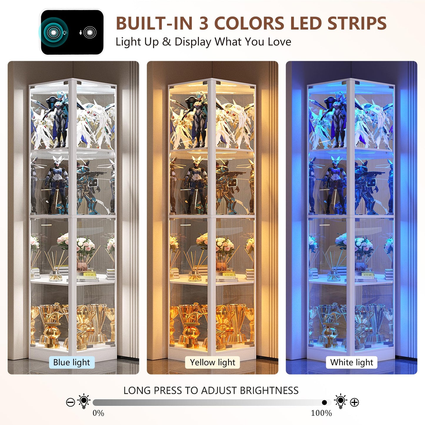 FREDEES Corner Display Cabinet with Glass Doors, 175cm, White