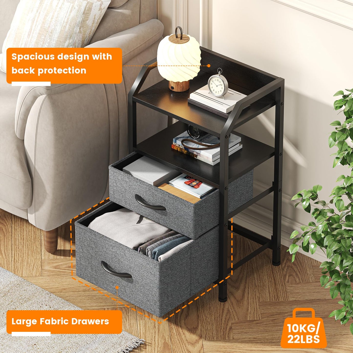 Feonase Set of 2 Bedside Table with 2 Fabric Drawers & Open Shelf - Sturdy Metal Frame Nightstand, Compact End Table for Bedroom, Living Room