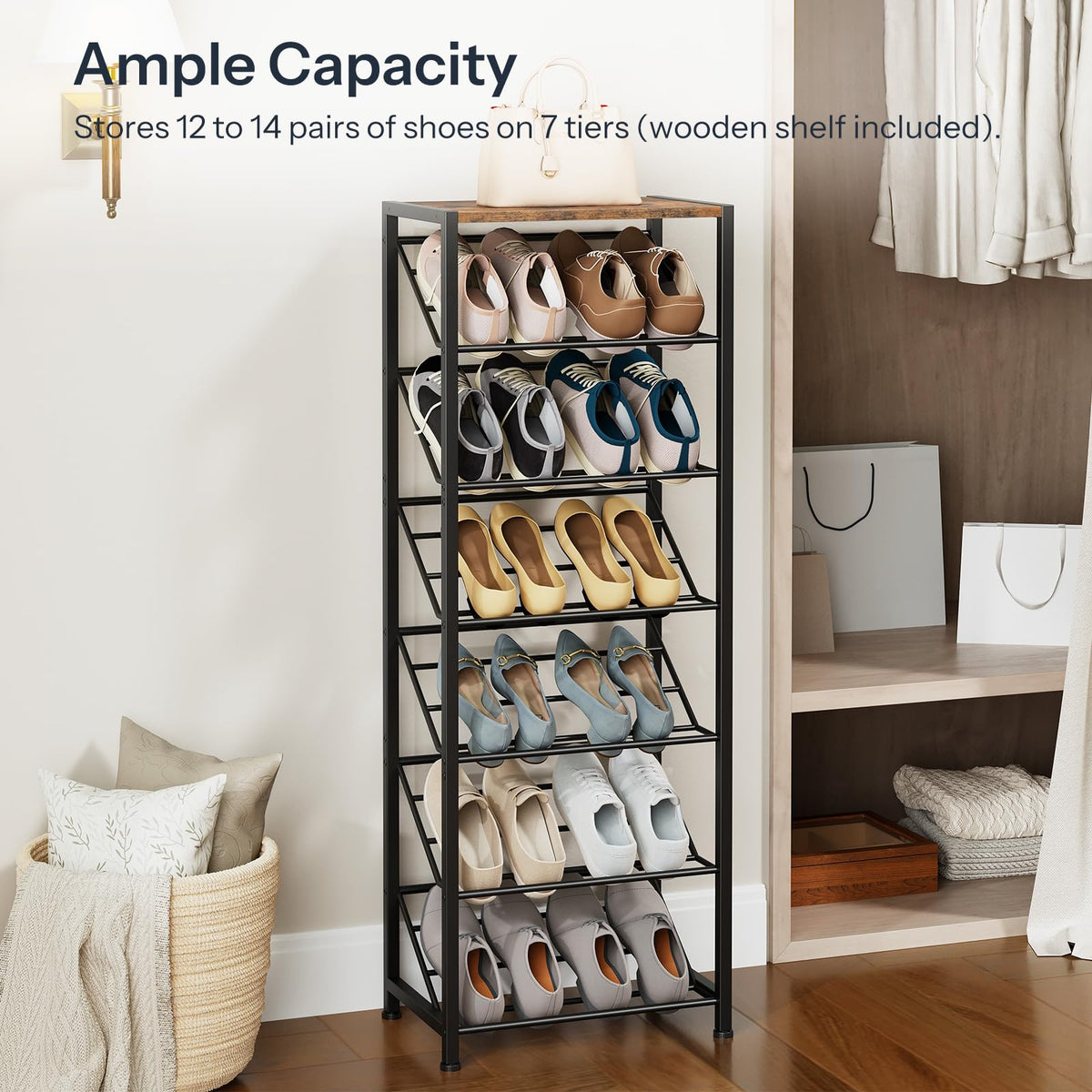 HOOBRO Shoe Rack for Entryway, 7-Tier Slanted Shoe Storage Shelf, Slim Shoe Organizer, Narrow Shoe Holder for Small Space, Hallway, Garage, Closet
