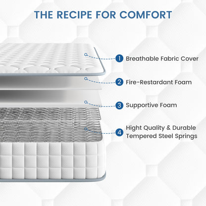 BedStory 4FT Single Mattress, Sleeping Sprung Mattress Medium Firm Bonnell Spring with Breathable Fabric Fire Resistant Barrier Skin-friendly Durable
