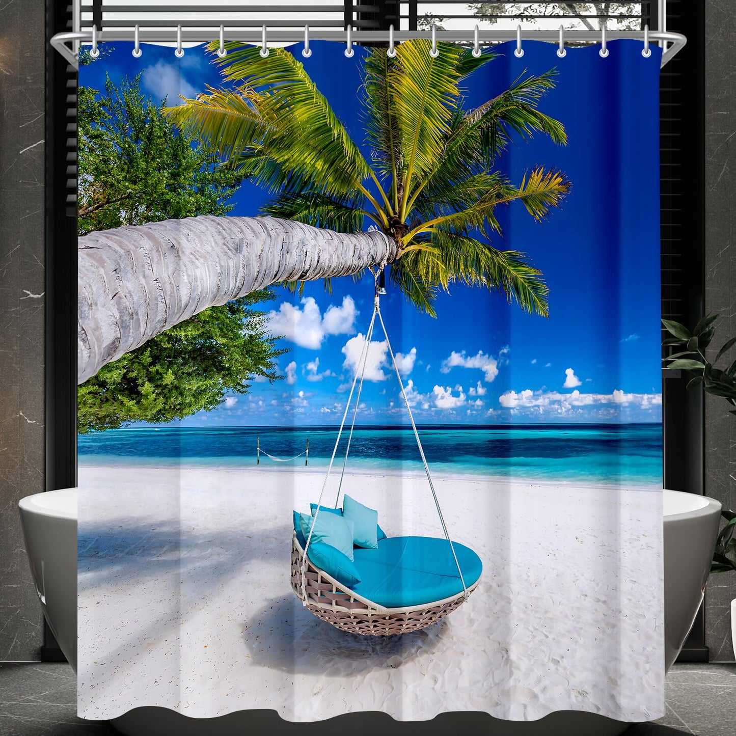 Lerores Shower Curtain 150 x 180 cm Beach, Weighted Hem, Anti-Mould Textile, Water-Repellent