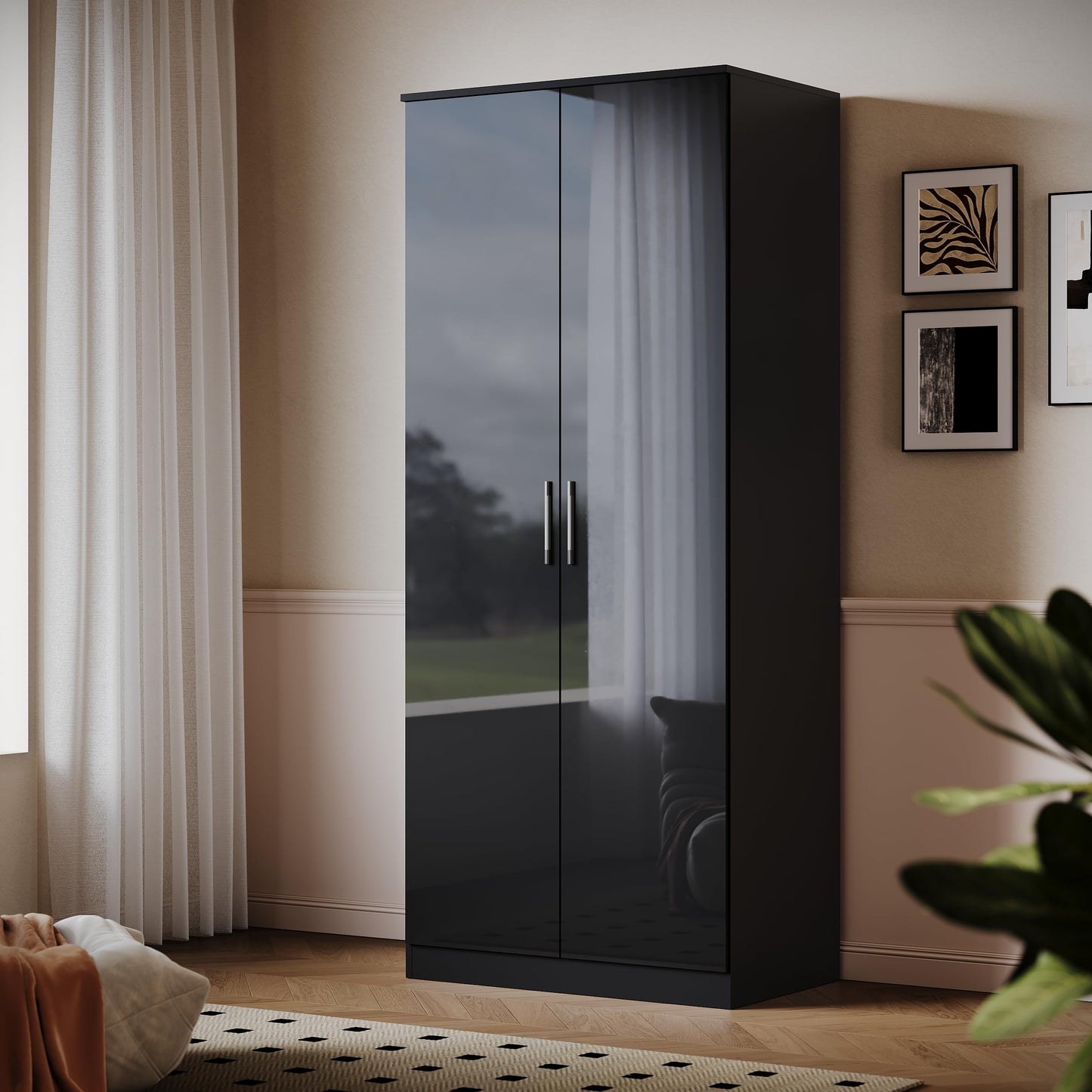 ELEGANT 2 Door Wardrobe High Gloss Black with Hanging Rail, 178x76x47cm