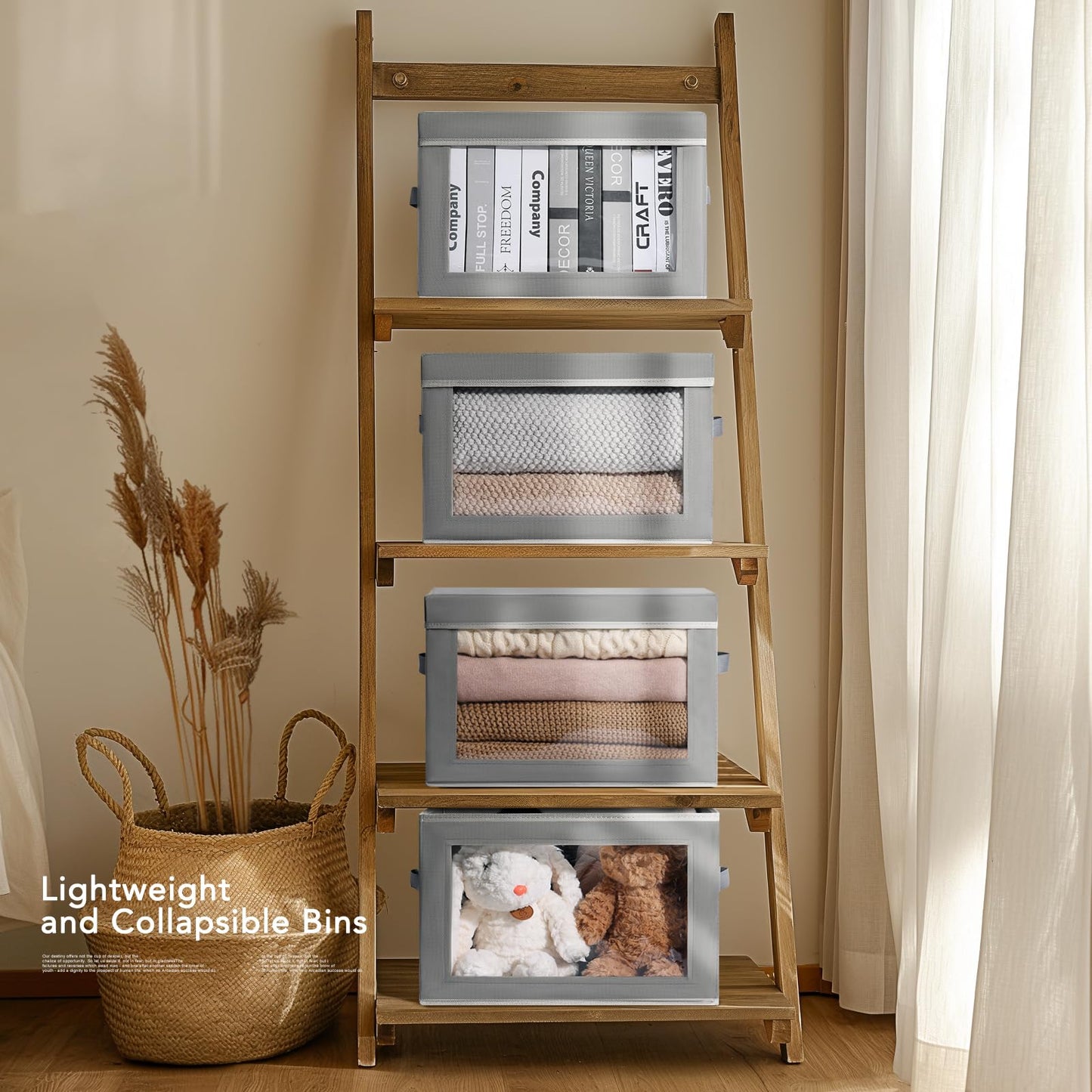 DIMJ 4 Pack Foldable Storage Boxes with Lids, Collapsible Storage Bins with Transparent Window, Fabric Storage Basket with Handle