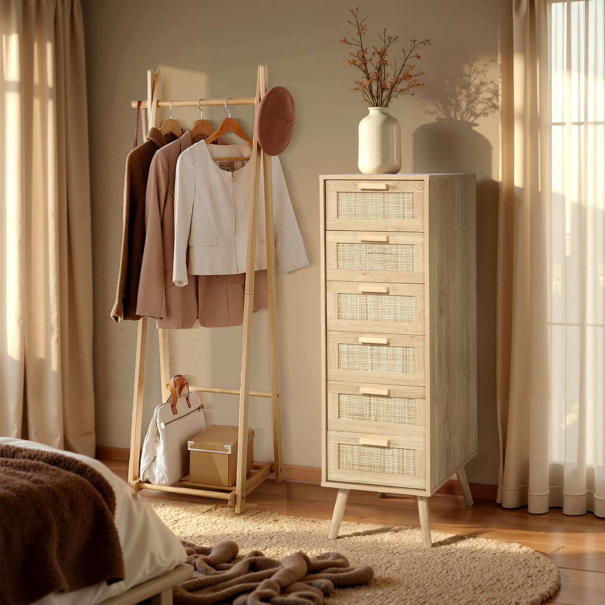 Finnhomy Rattan Chest of Drawers Bedroom, Tall Chester of Drawers with 6 Hand Made Rattan Decorated Drawers for Bedroom
