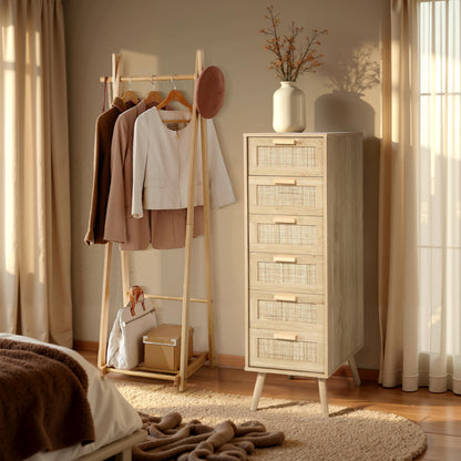 Finnhomy Rattan Chest of Drawers Bedroom, Tall Chester of Drawers with 6 Hand Made Rattan Decorated Drawers for Bedroom