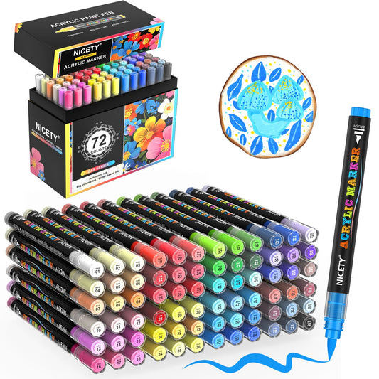 NICETY 72 Colours Acrylic Paint Pens - Brush Paint Markers for Rock Painting Stone Wood - Brush Tip Water Based Acrylic Markers