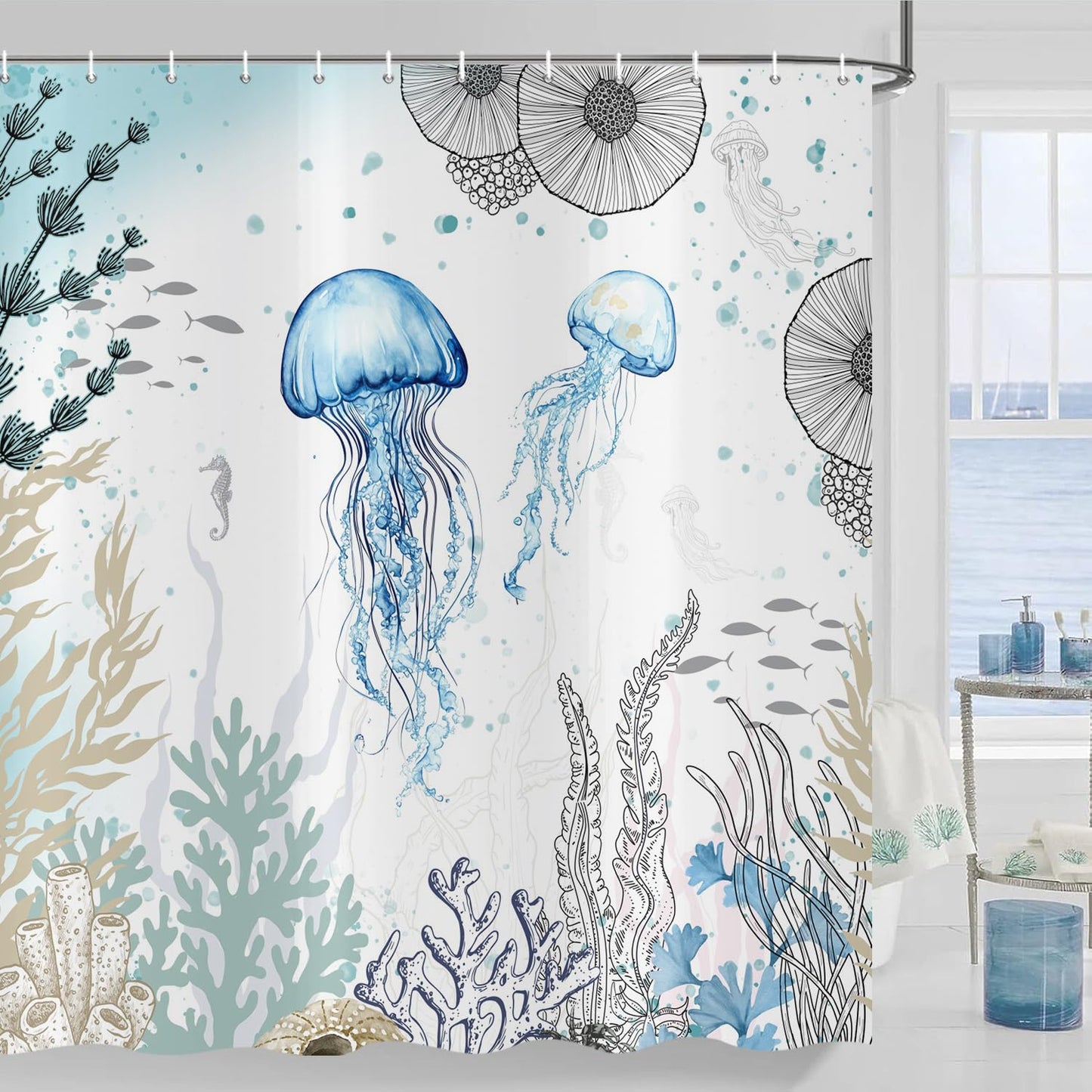 ASDCXZ Jellyfish Shower Curtain 180x200 cm, Watercolor Jellyfish Underwater Coral Summer Ocean Nautical Waterproof Bath Curtain Polyester Textile