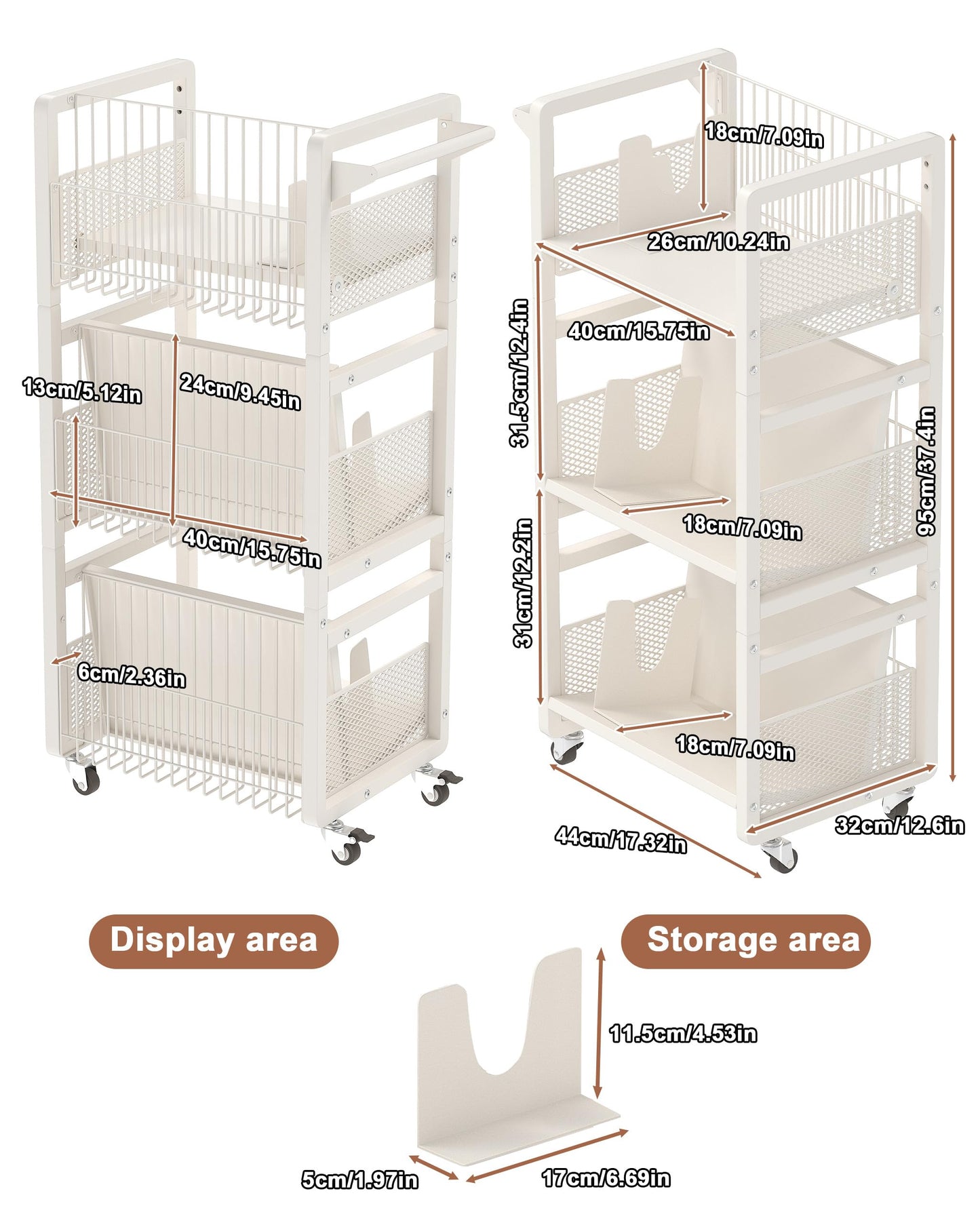 Ornestia Book Trolley,Mobile Bookshelf Organiser with Lockable Wheels,White