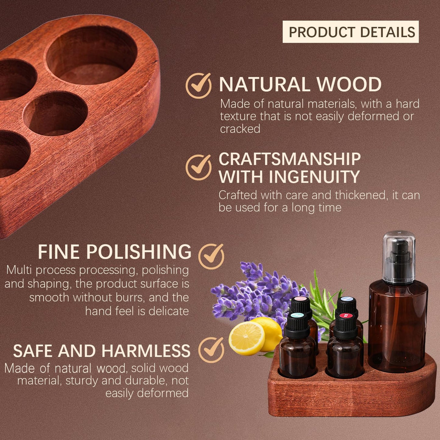Wisnewth Wooden Essential Oil Holder with 5 Holes (4cmx4 & 6cmx1), Retro Desktop Display Rack for Bathroom Vanity Desk Organizer