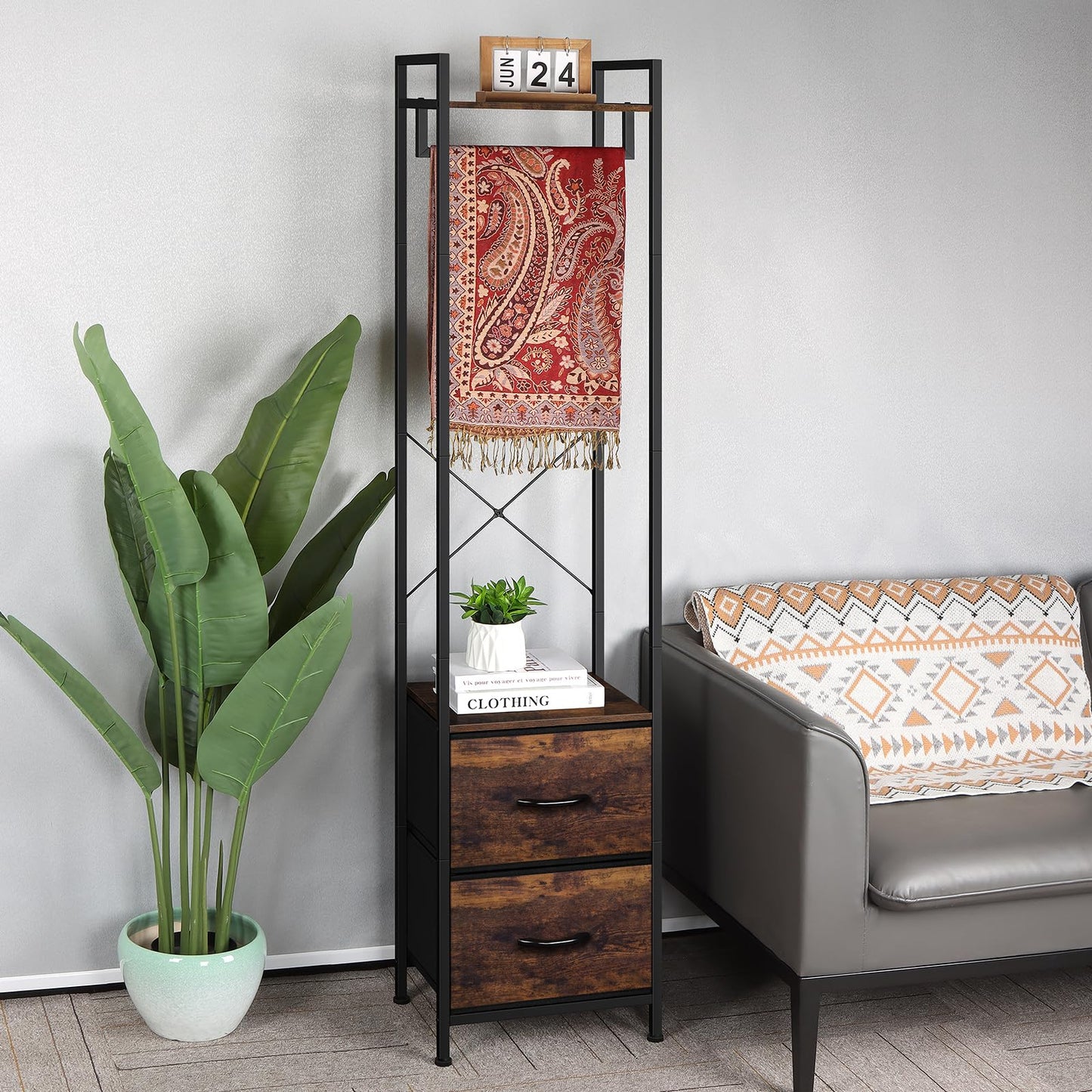 UOMIO 180CM Tall Clothes Rail with Drawers, Narrow Freestanding Coat Rack, Space Saving Clothing Rail Hanger with Storage Shelf