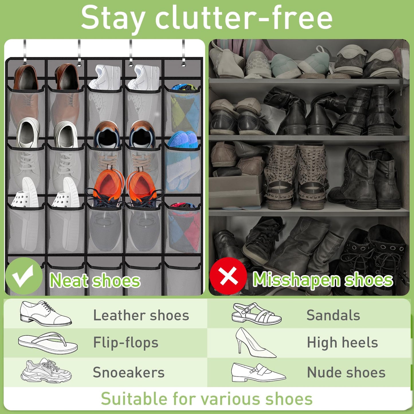 Over the Door Shoe Organiser, 40 Pocket Hanging Shoe Holder for Bedroom