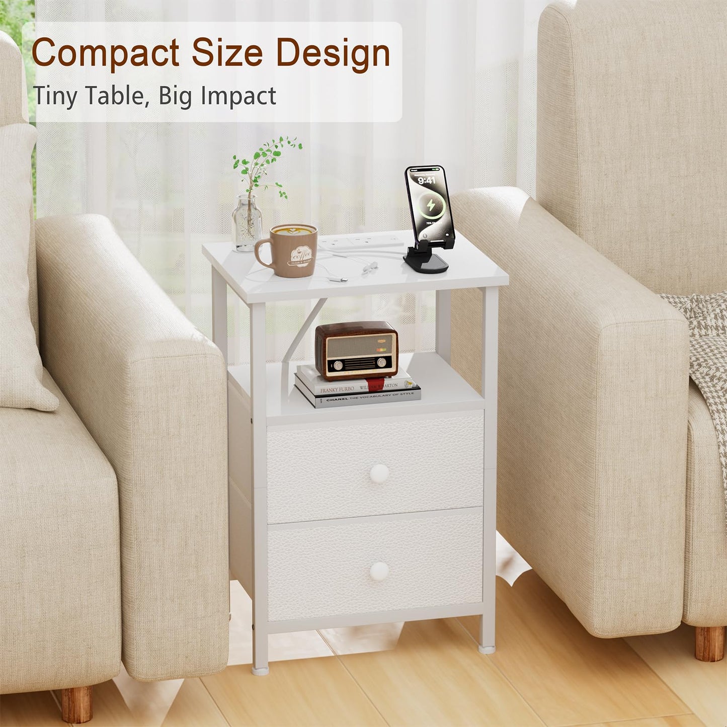LOAKEKEL Bedside Table with Charging Station (Power, White, 2 Drawers)