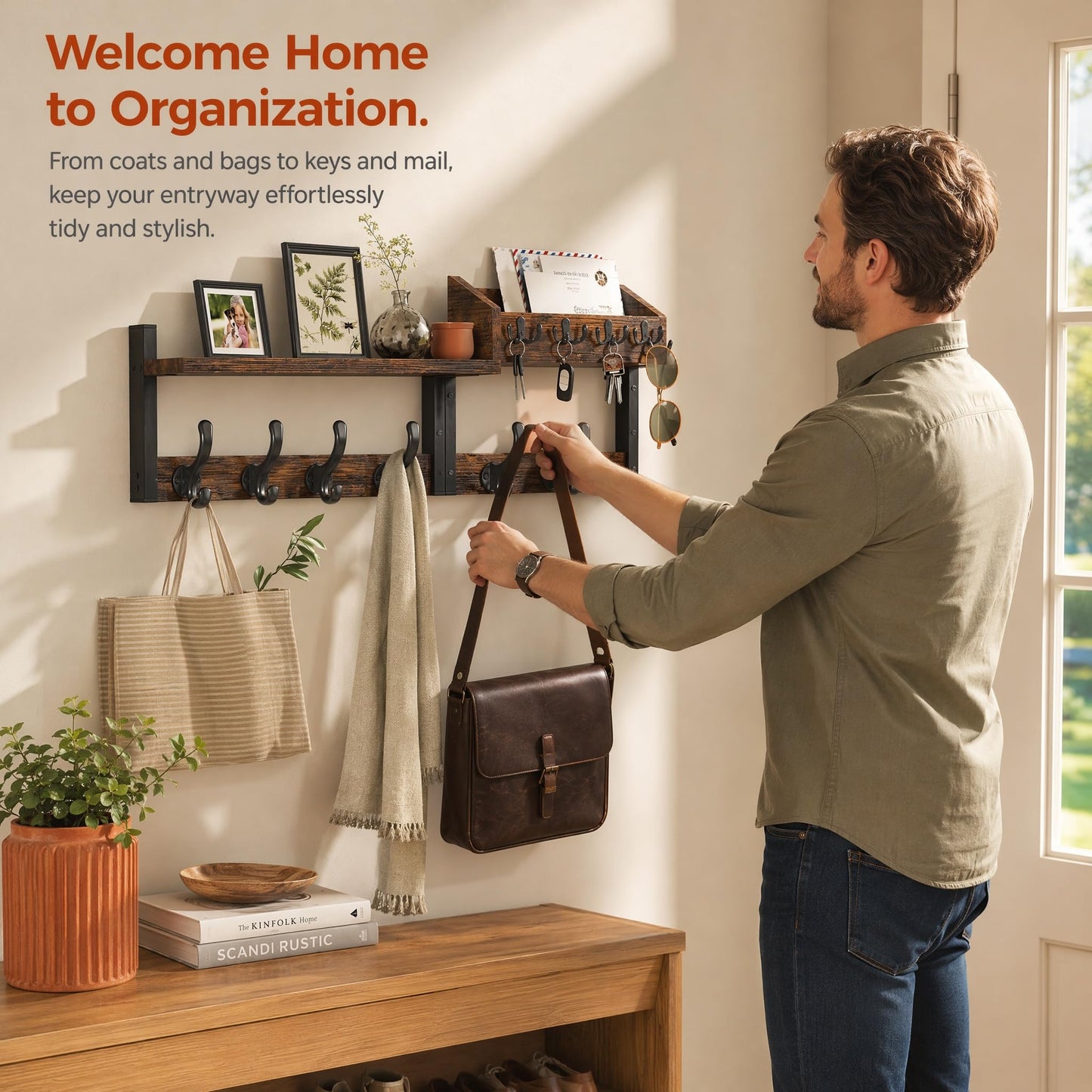 Xygobla Wall Mounted Coat Rack with Shelf and 11 Hooks, Carbon Steel and Solid Wood Organiser with Key and Mail Holder for Living Room, Bedroom