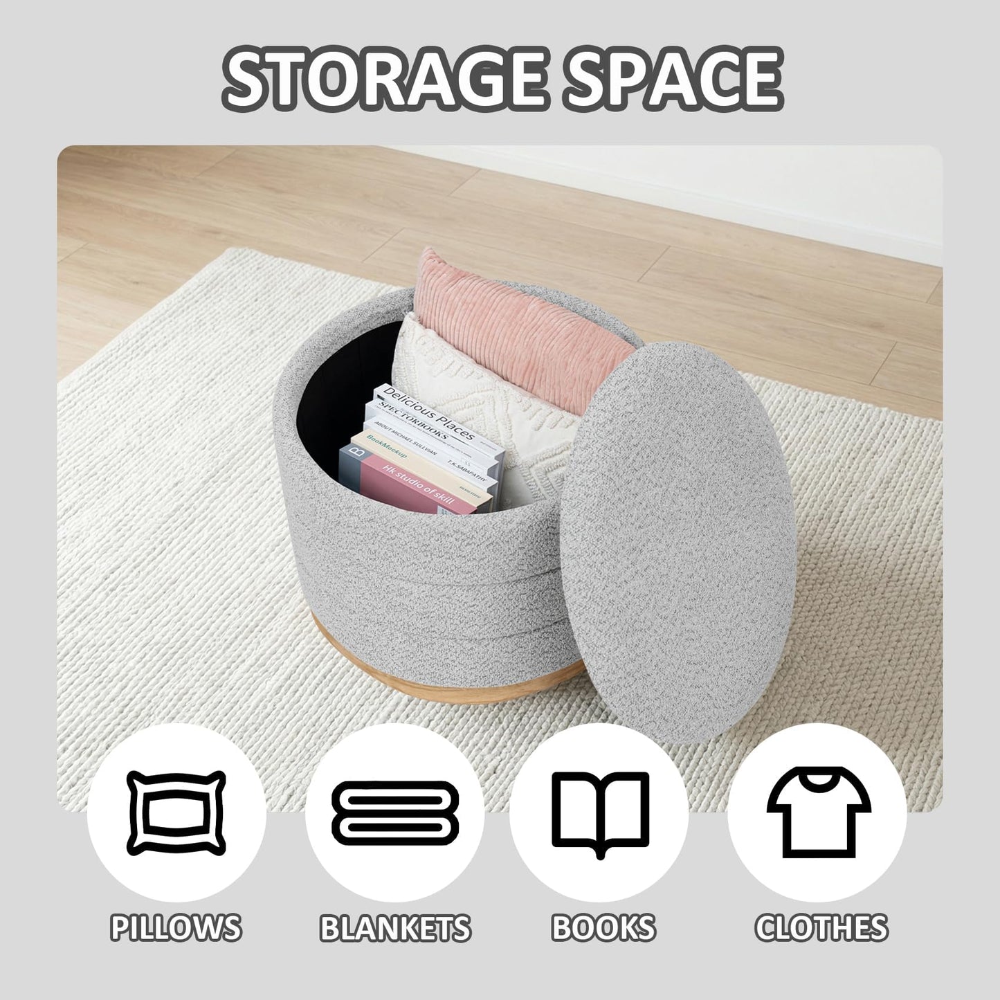 PINPLUS Round Chenille Storage Ottoman, Tray Top, 58x58x44 cm, Silver Grey