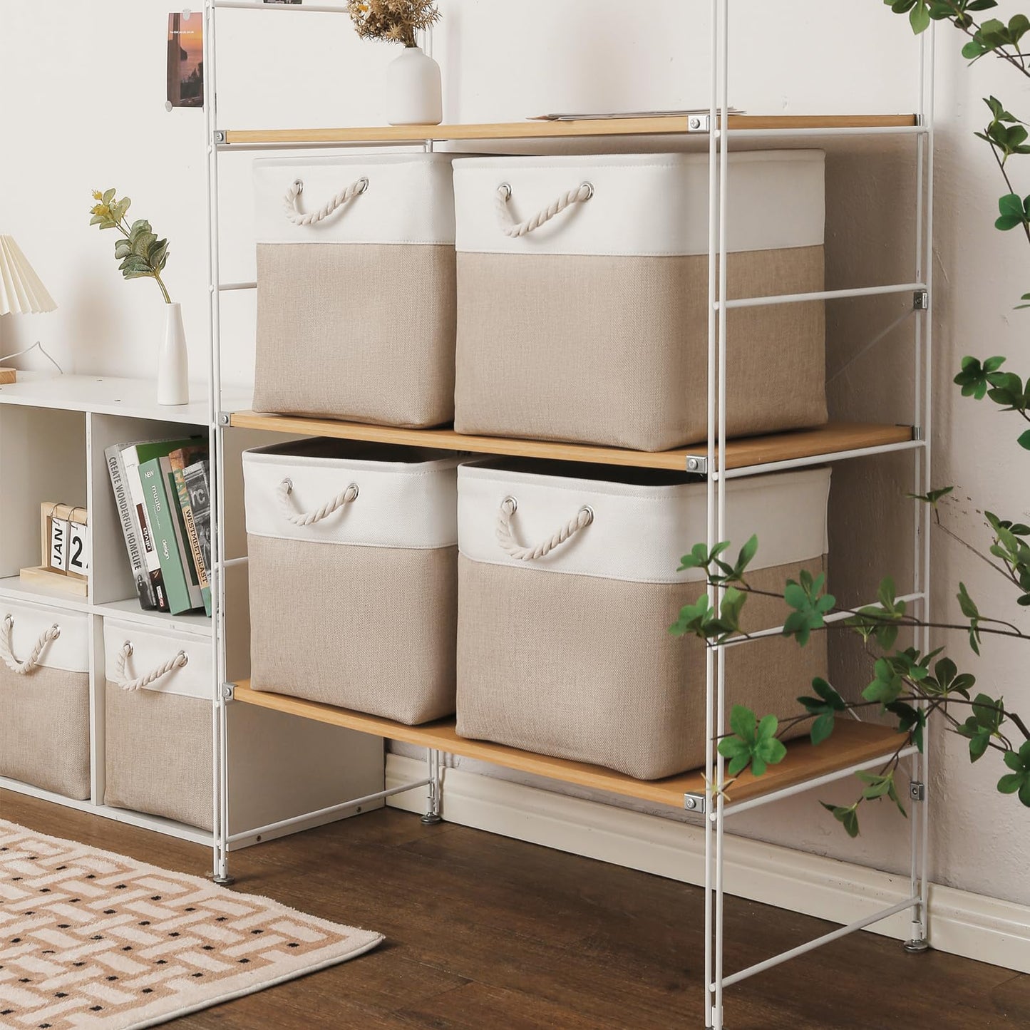 ICEMOR 33 x 33 x 33 cm Cube Storage Boxes, 6 Pack Large Collapsible Fabric Storage Bin with Ropes, Foldable Cube Baskets for Kallax, Office,Closet