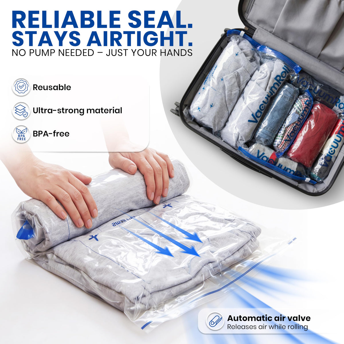 myHodo Vacuum Compression Bags for Rolling 14 Pieces - Versatile Travel Bags for Suitcase & Backpack, Reusable Storage Solution, Durable & Hygienic