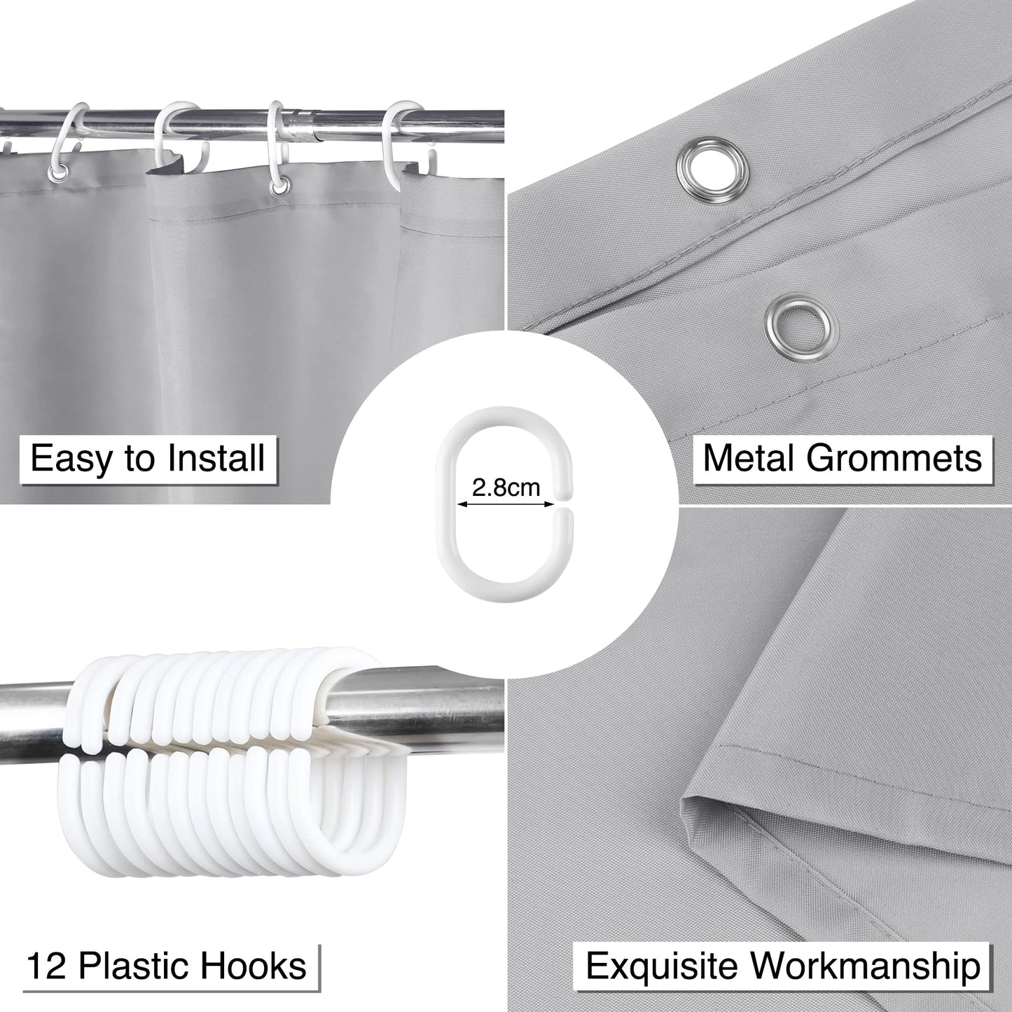 WELTRXE Shower Curtain Mould Proof Mildew Resistant, 180x180cm Light Grey Bathroom Curtain Set With Hooks, Weighted Hem