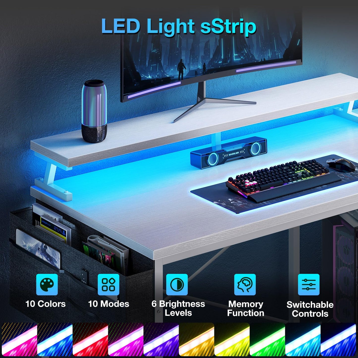 Coleshome L Shaped Gaming Desk with LED Lights & Power Outlet, 100x70 cm
