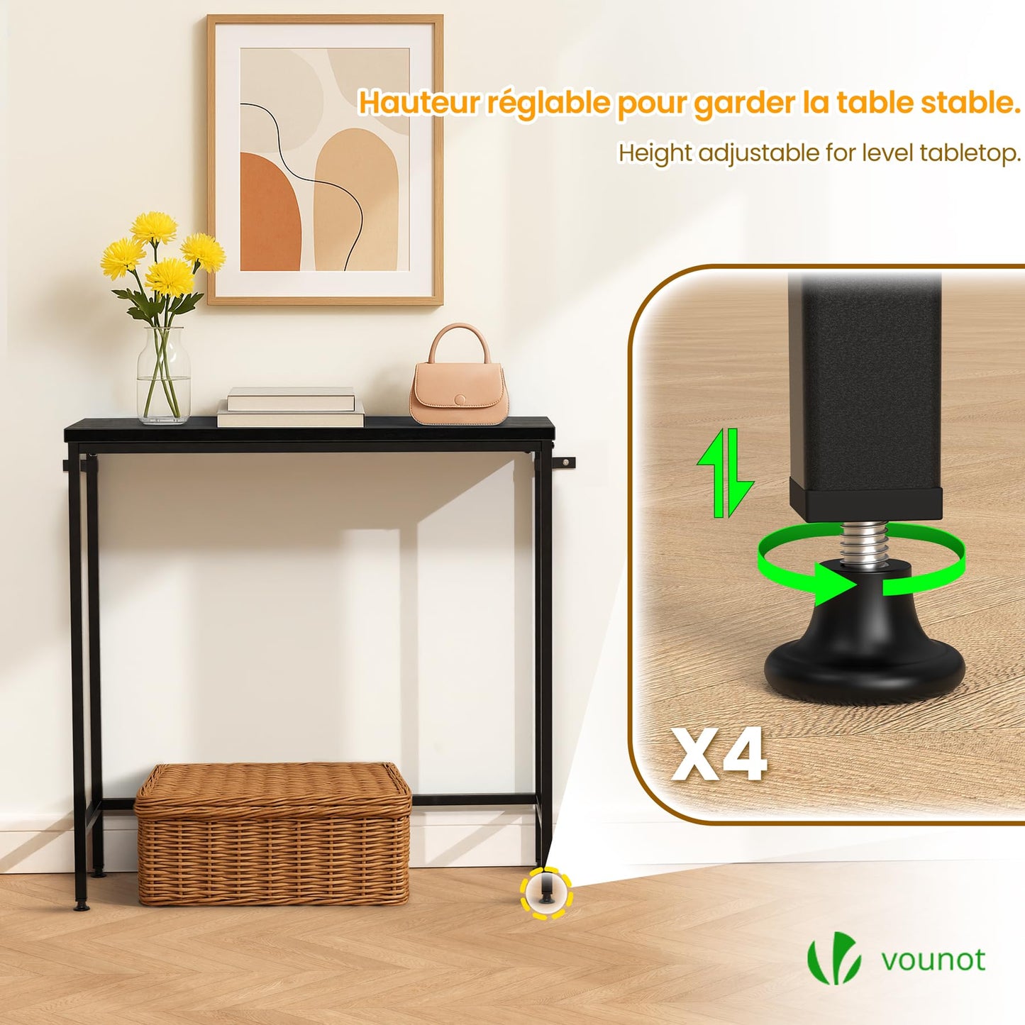 VOUNOT® Slim Console Table, Metal Frame Entryway Table, Small Sofa Side Table for Hallway, Living Room or Bedroom, 75x24x75 cm, Black