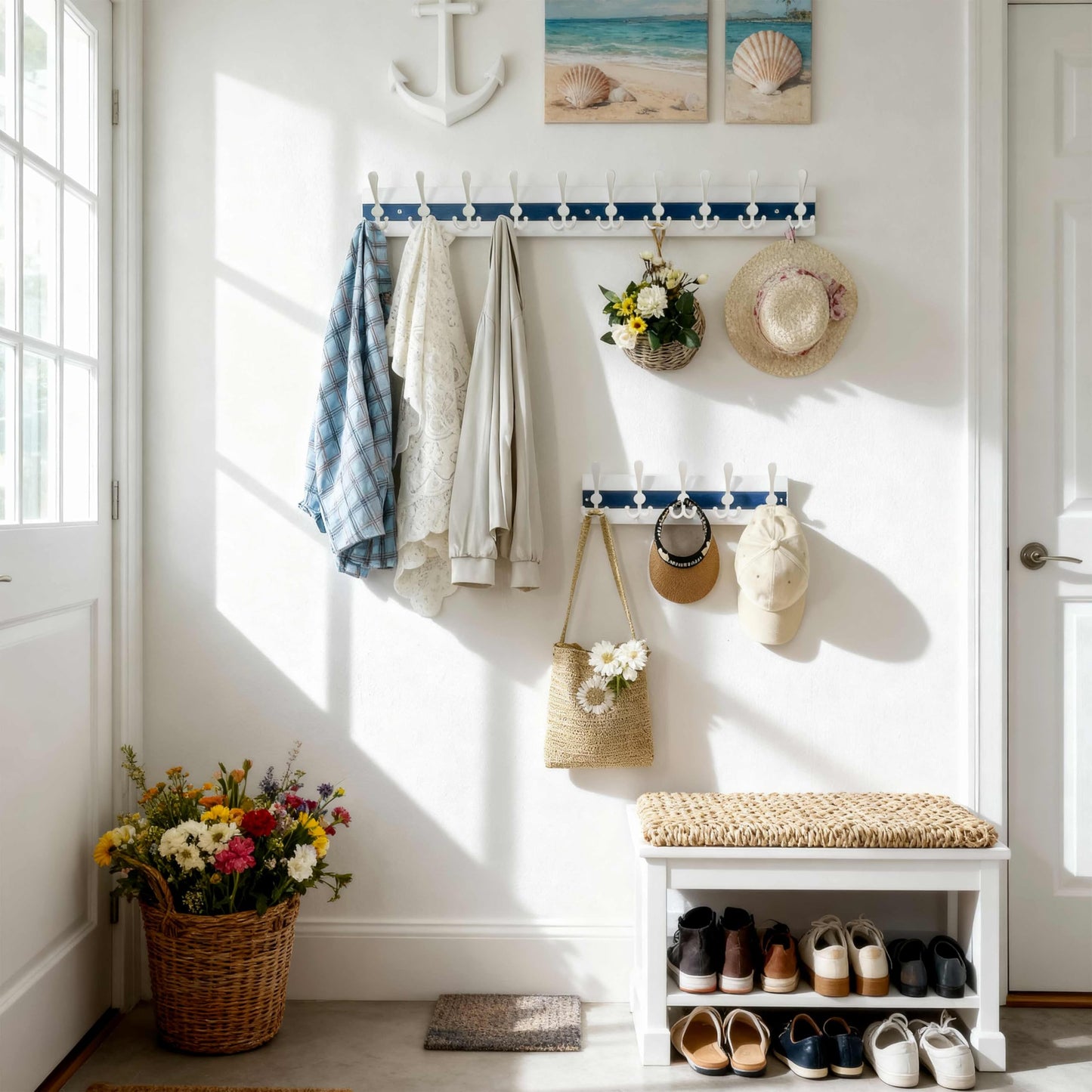 SKOLOO Coastal Wall Mounted Coat Rack - 43cm Beach House Entryway Wooden Coat Hook with 5 Hooks for Hanging Coats, Hats or Towels