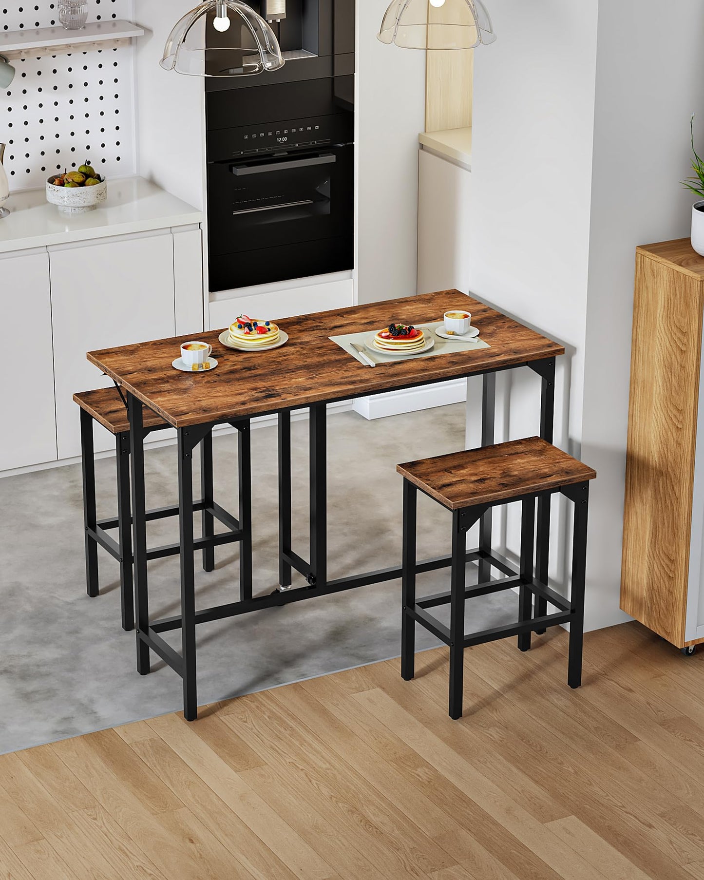 CHOEZON Breakfast Bar Table with 2 Bar Stools, 100 cm Folding Dining Table with 2 Stools, Dining Table Set, Industrial Steel Frame, for Restaurant