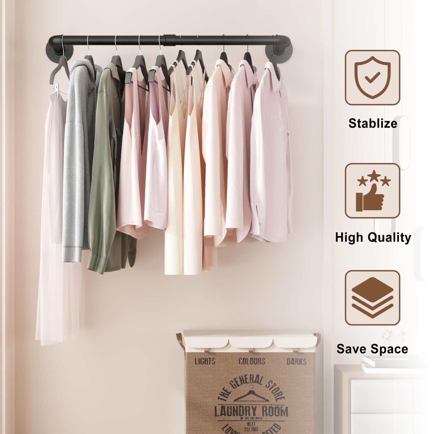 VOLISON Wall Mounted Clothes Rail, 90CM Industrial Pipe Clothing Rack, Industrial Clothes Rail Wall Mounted