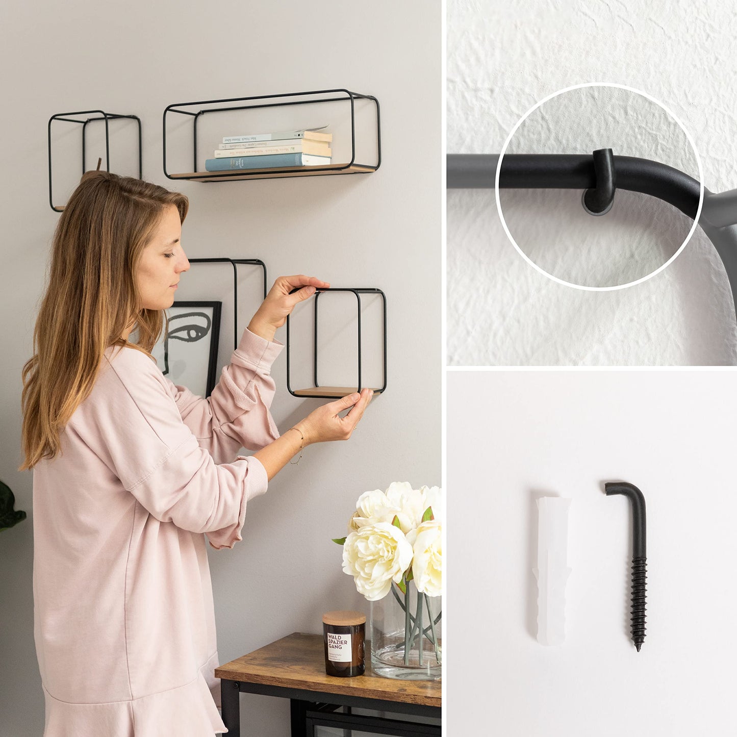 Kazai. Wall Shelves -Jona- | 4-Part Shelving Unit made of Metal and Real Wood Veneer | Wall Decor, Storage and Book Shelf for Bathroom, Living Room