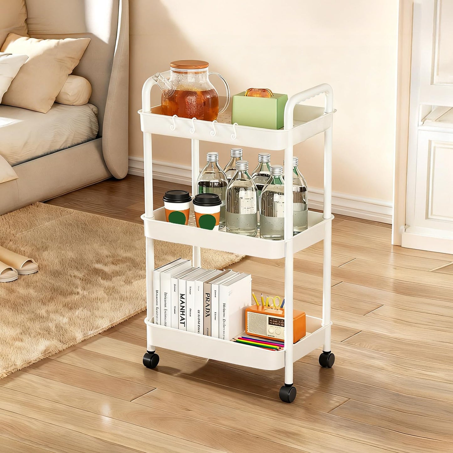 3 Tier Storage Trolley Cart Rolling Utility Storage Cart Kitchen Trolleys Bathroom Storage Shelves with 3 Hooks Plastic No Screws Needed for Living