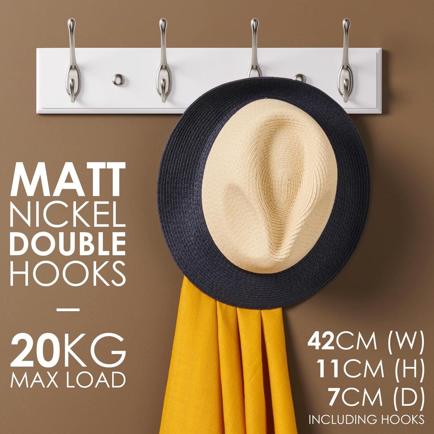 LARHN White Wall-Mounted Coat Rack, 2-Pack - 4 Matt-Nickel Coat Hooks, 42cm